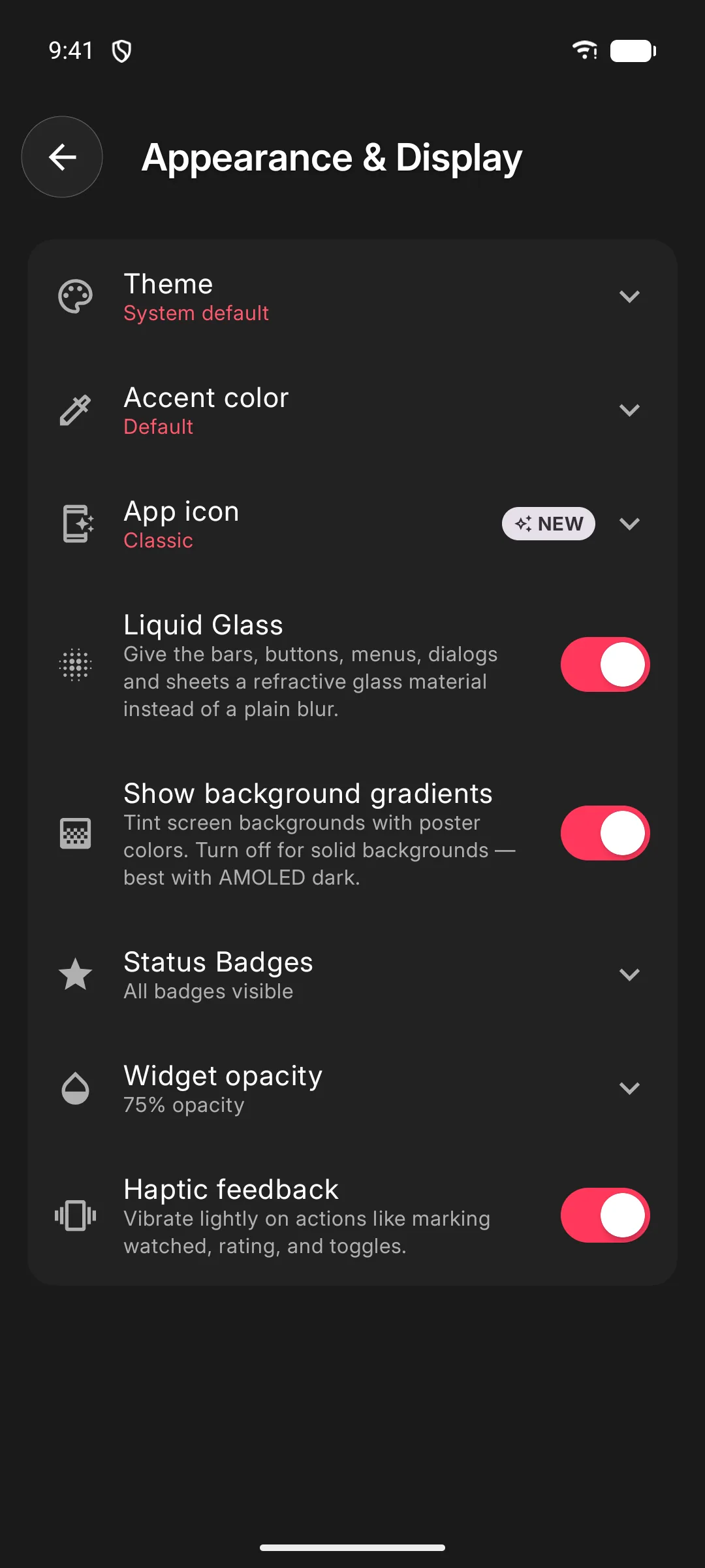 Cinopsys Appearance and Display settings with theme, accent color and app icon