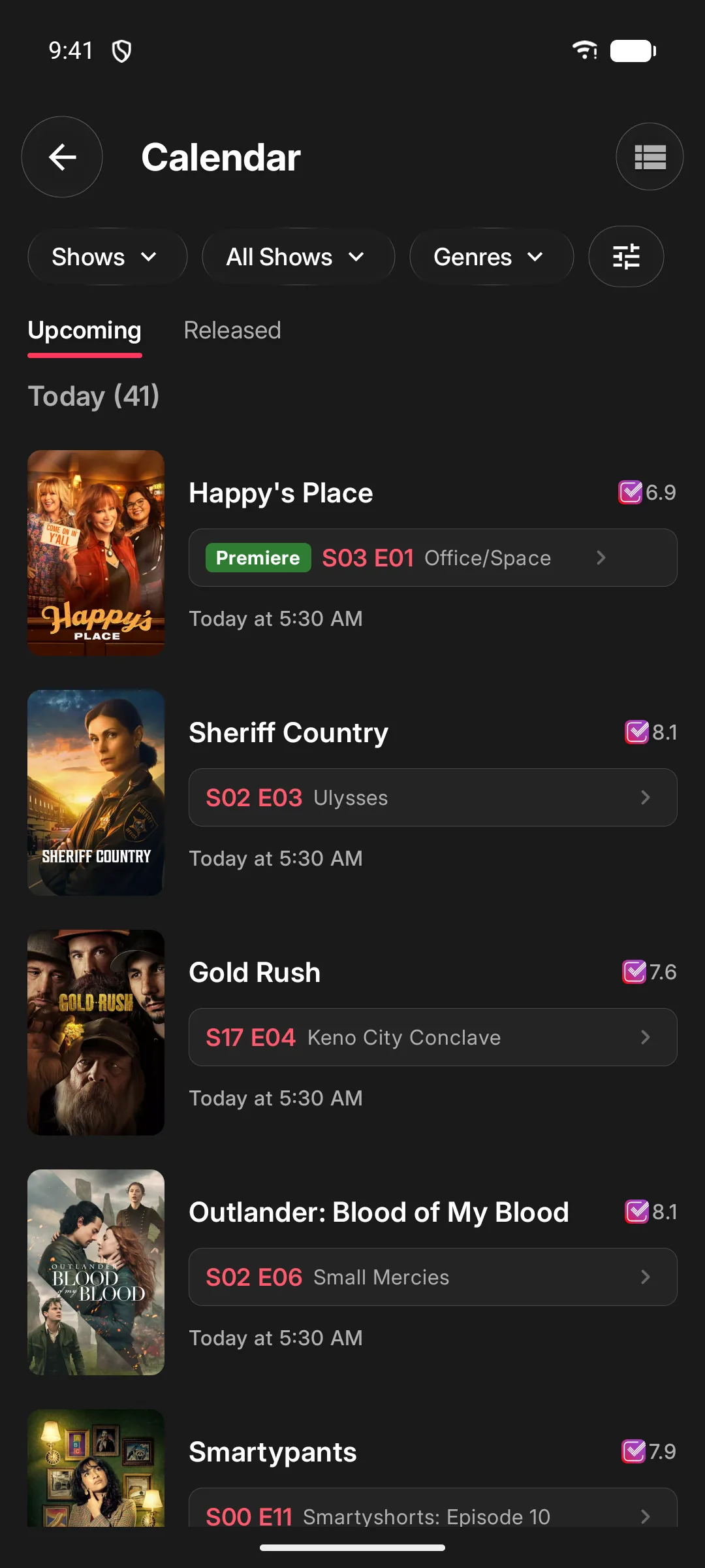 Cinopsys calendar of upcoming episodes with a premiere badge