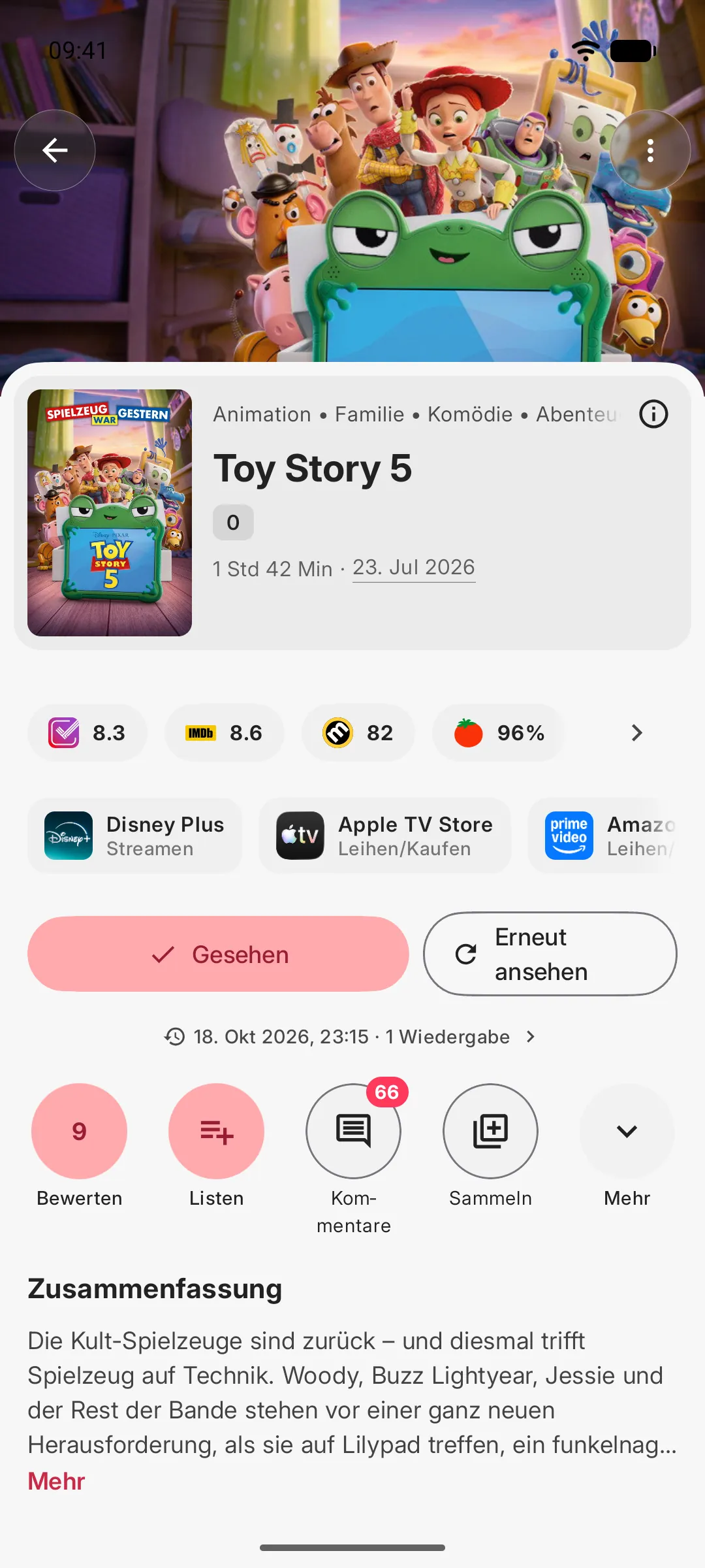 Detailseite eines Films mit Bewertungen, Streaming-Anbietern und Aktionen