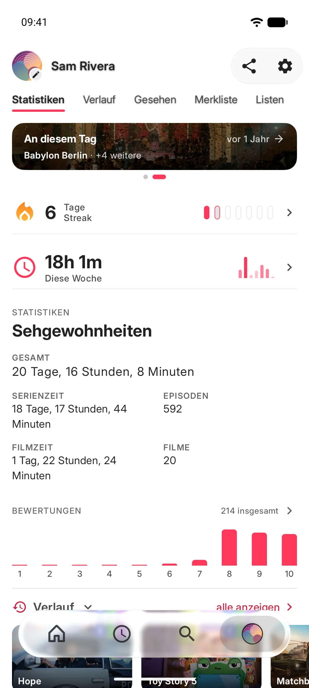 Sehgewohnheiten: Streak, gesehene Zeit und ein Bewertungsdiagramm