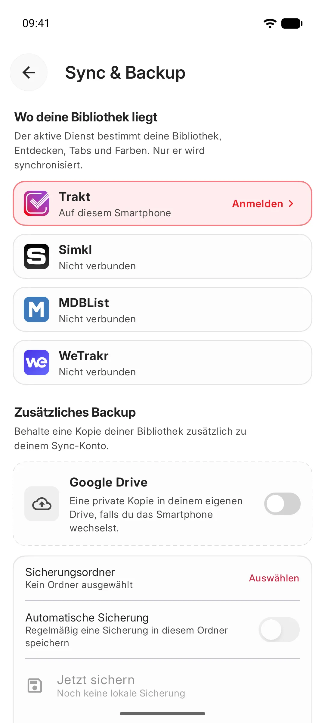 Einstellungen für Sync & Backup mit der Wahl zwischen diesem Smartphone, Trakt, Simkl, MDBList oder WeTrakr