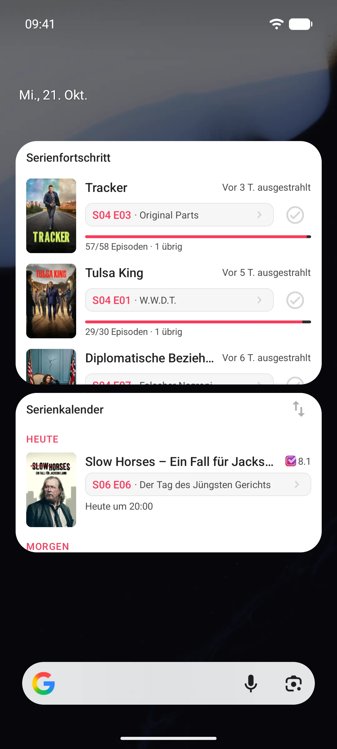 Widgets für Serienfortschritt und Serienkalender auf dem Startbildschirm