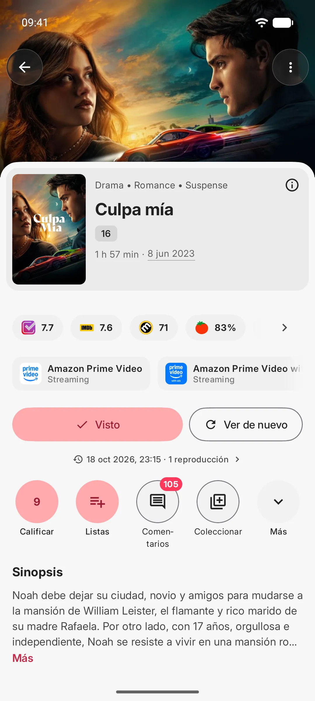 Ficha de una película con valoraciones, plataformas de streaming y acciones