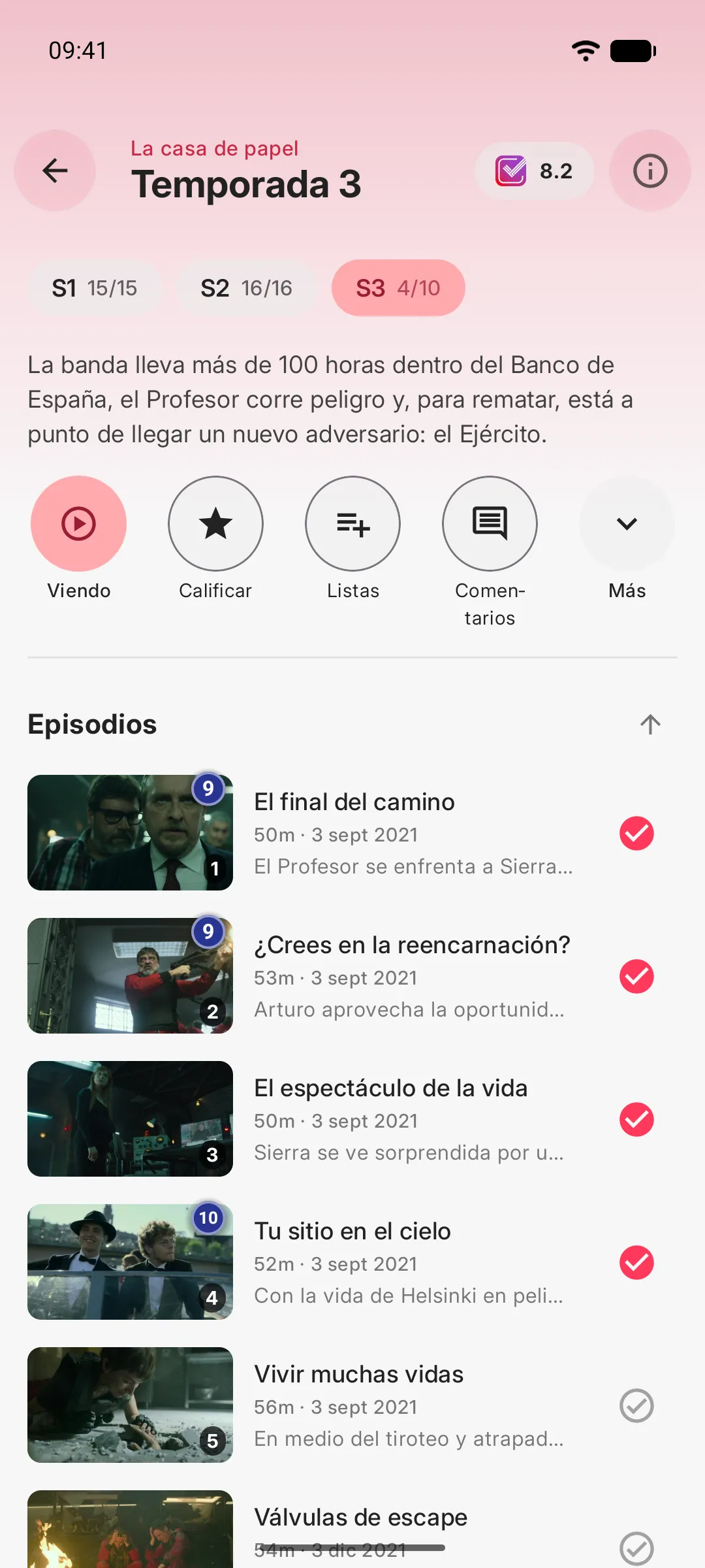 Lista de episodios de una temporada con marcas de visto