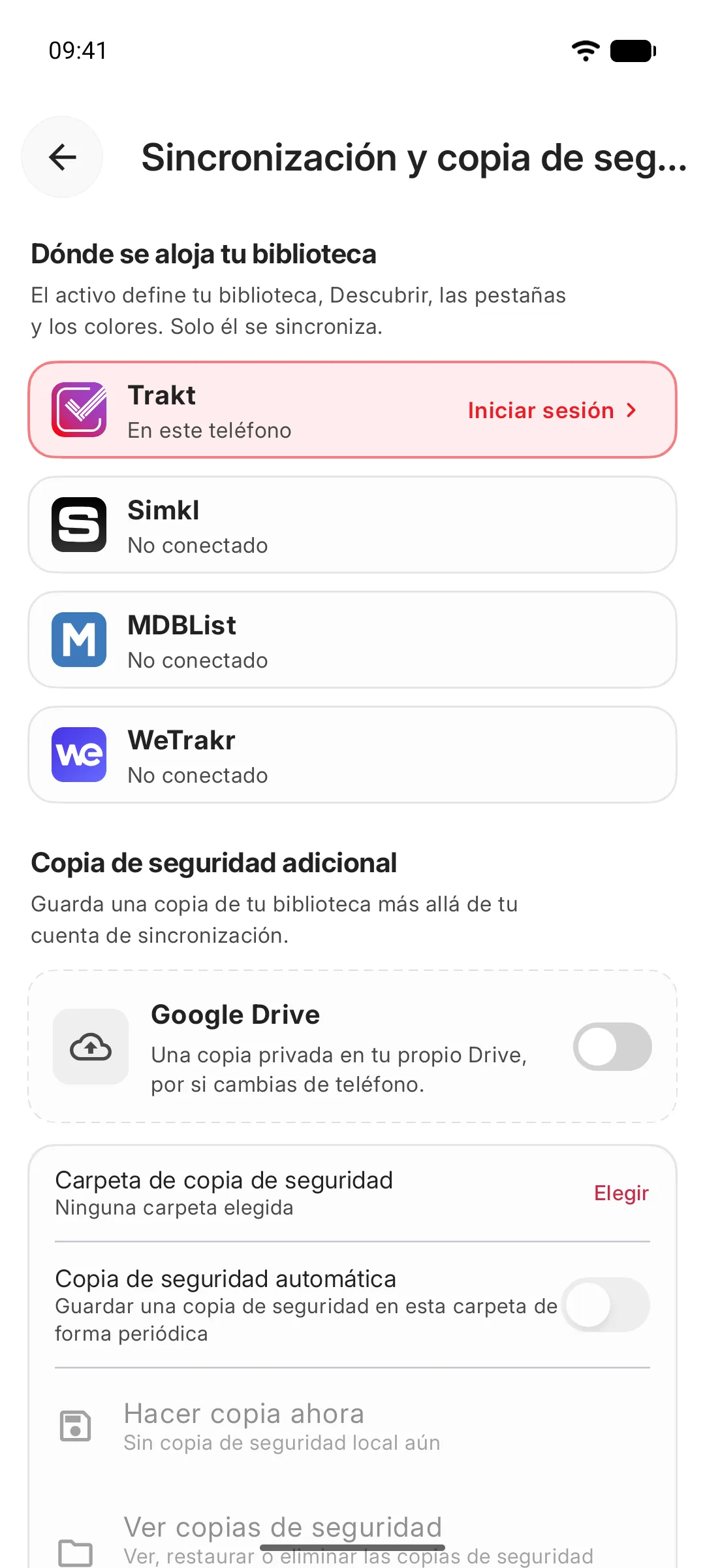 Ajustes de Sincronización y copia de seguridad con las opciones En este teléfono, Trakt, Simkl, MDBList o WeTrakr