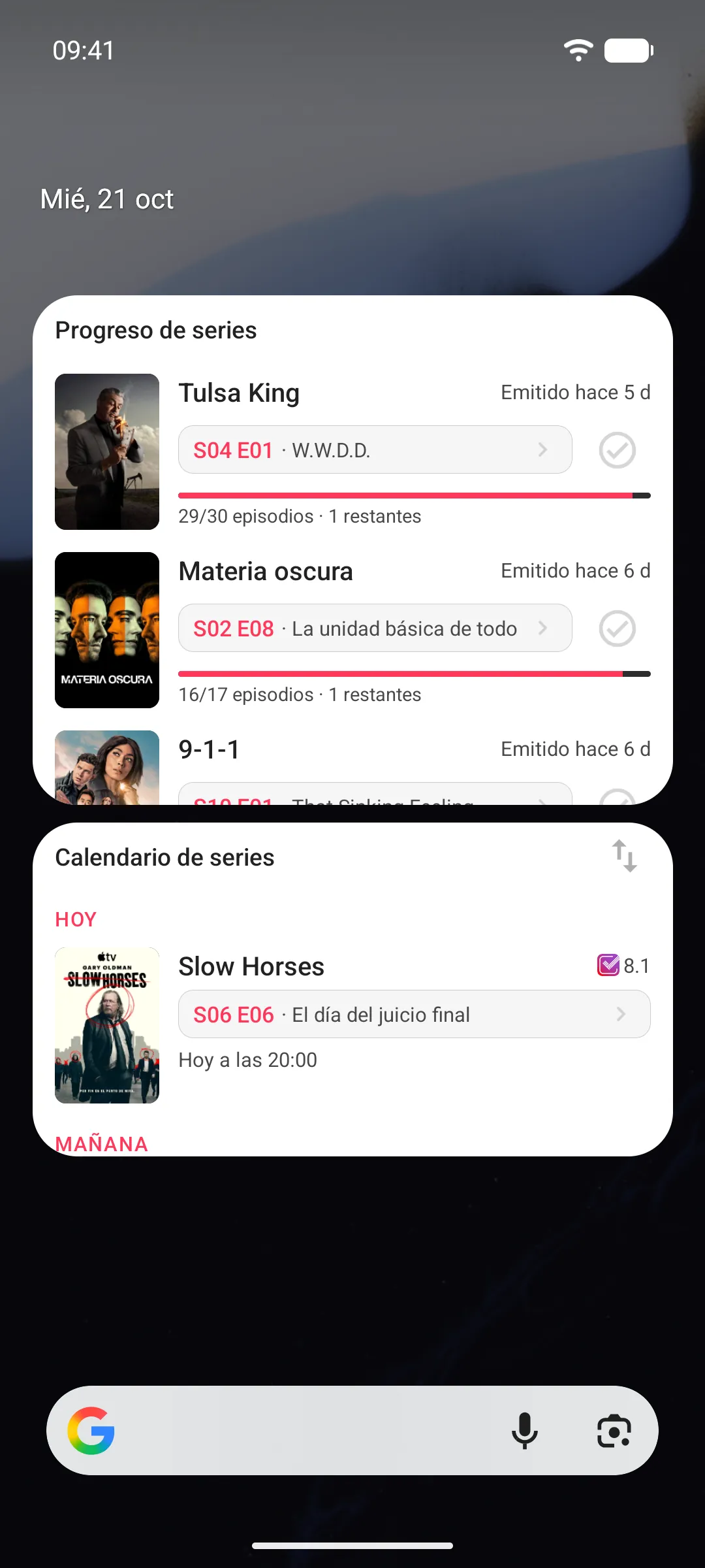 Widgets de progreso y calendario de series en la pantalla de inicio