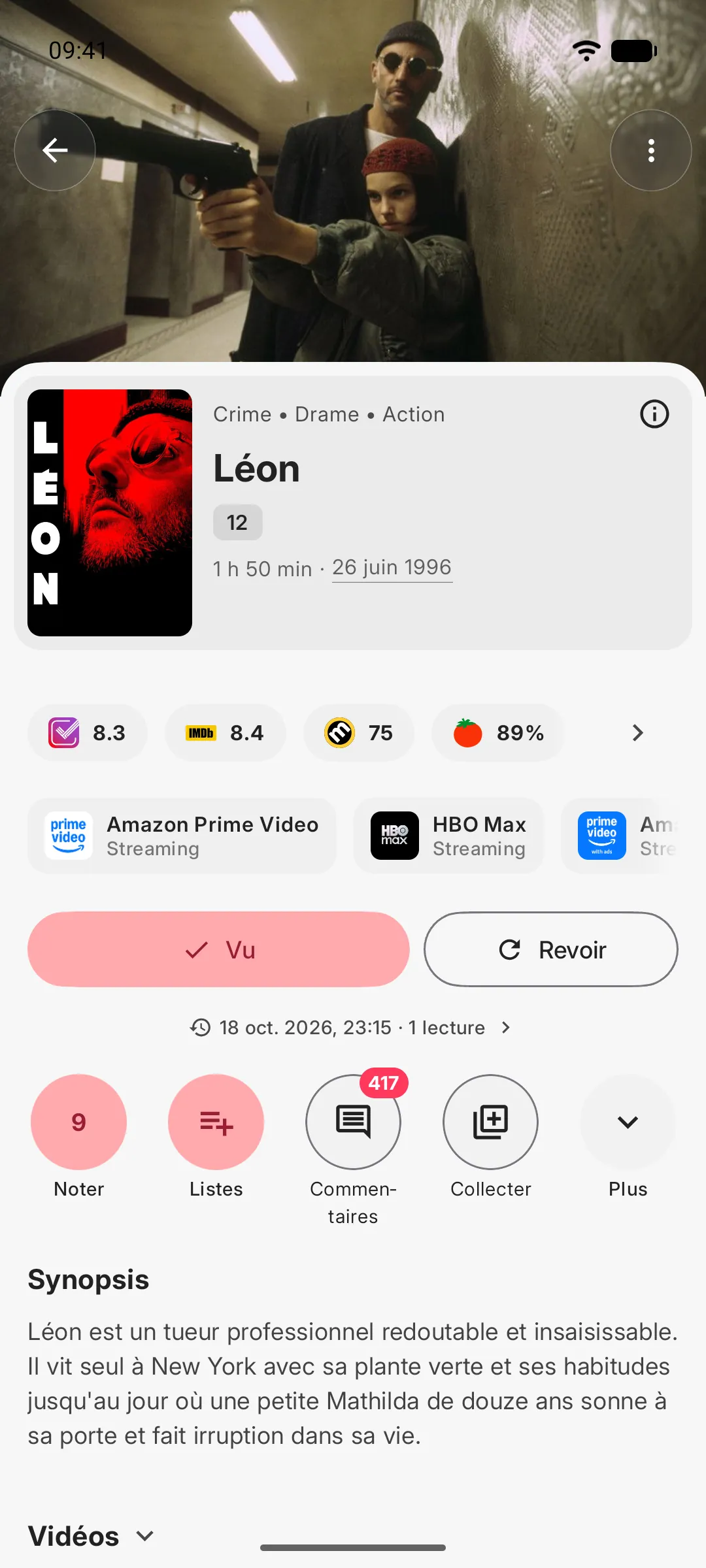 Fiche d'un film avec notes, plateformes de streaming et actions