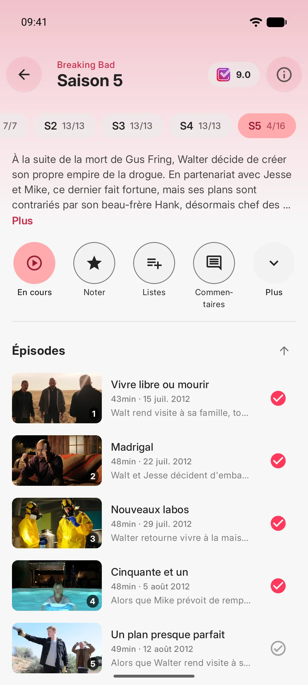 Liste des épisodes d'une saison avec les repères « vu »