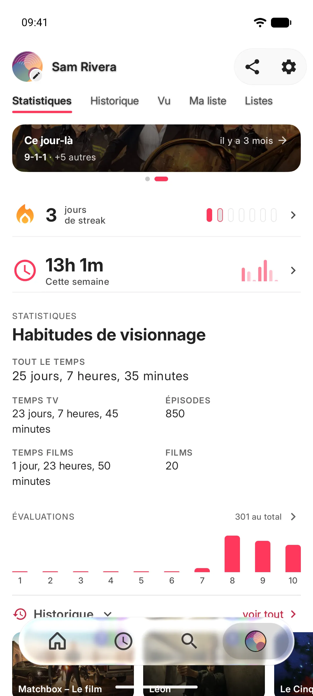 Habitudes de visionnage : jours d'affilée, temps regardé et graphique des notes