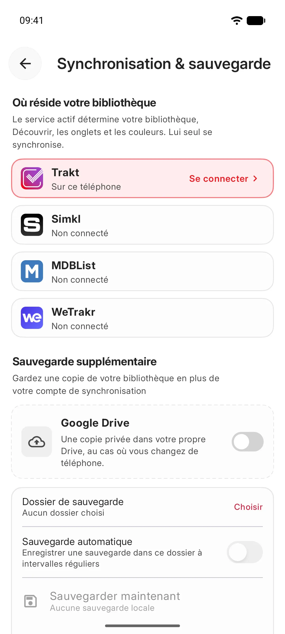 Paramètres Synchronisation et sauvegarde, avec le choix entre « Sur ce téléphone », Trakt, Simkl, MDBList ou WeTrakr