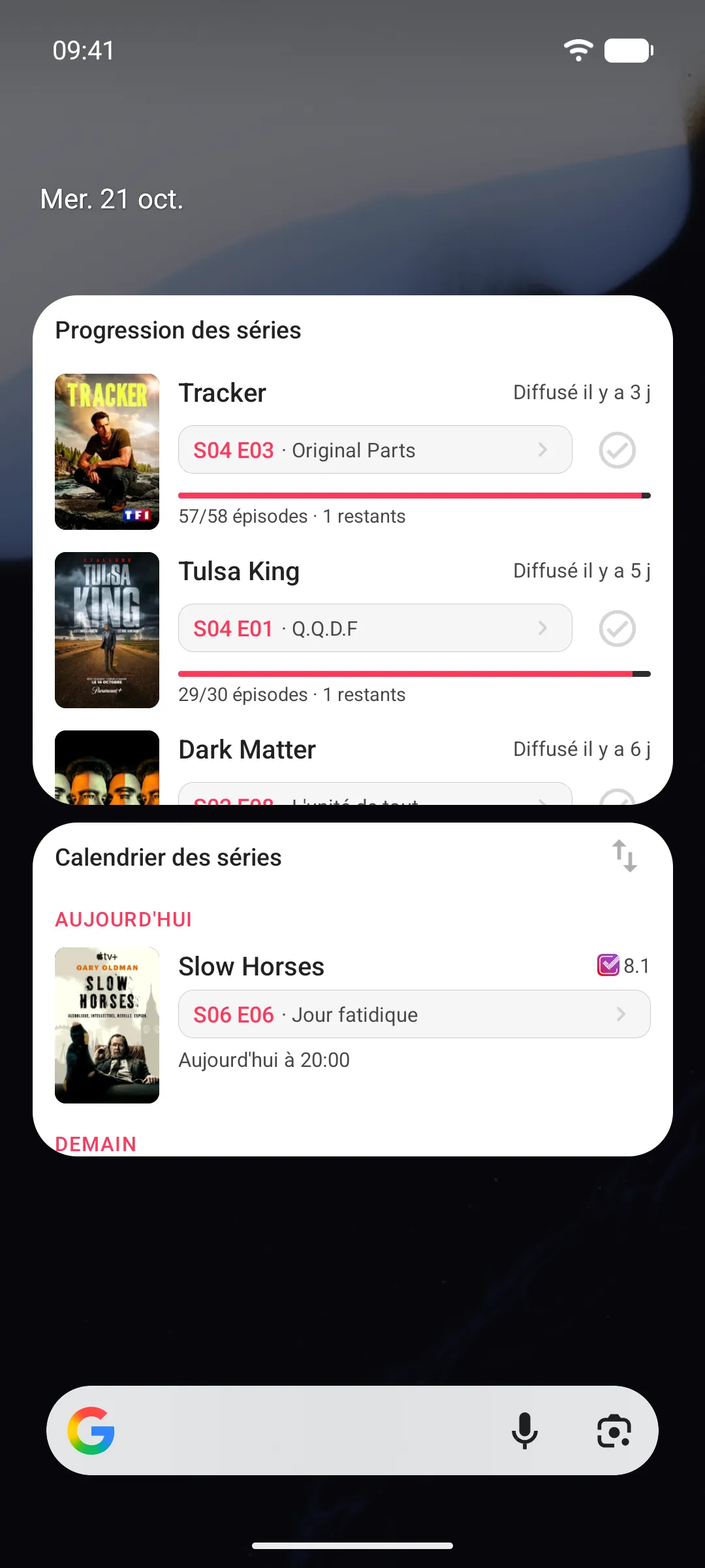 Widgets de progression et de calendrier des séries sur l'écran d'accueil