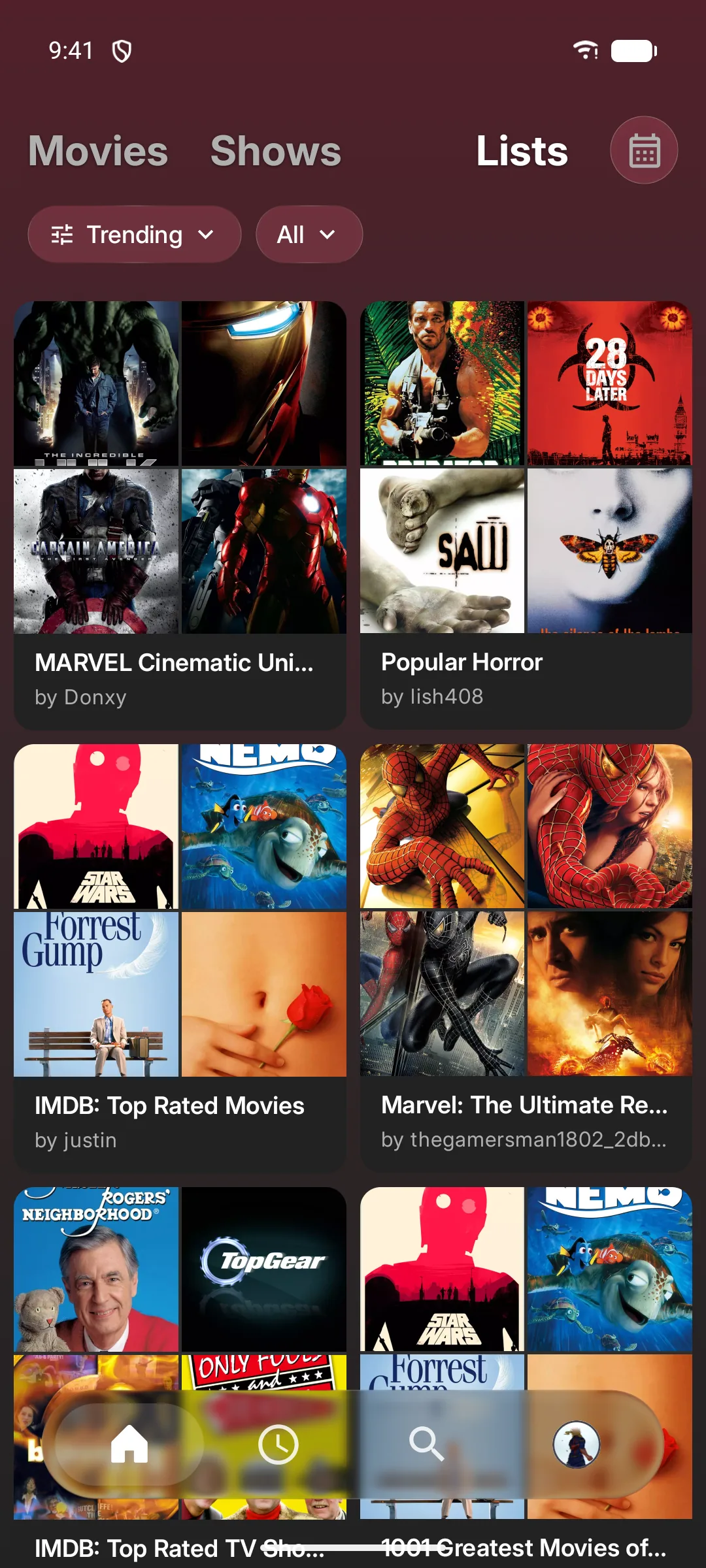 Cinopsys Lists tab with list cards showing poster collages
