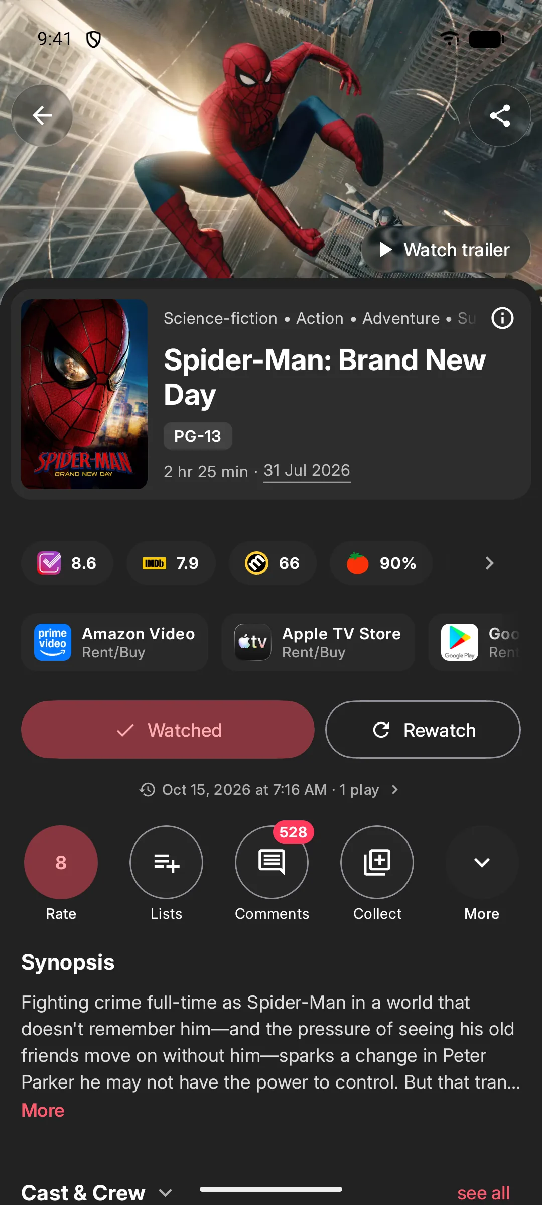 A movie page with ratings from four sources, where to stream it and one-tap tracking