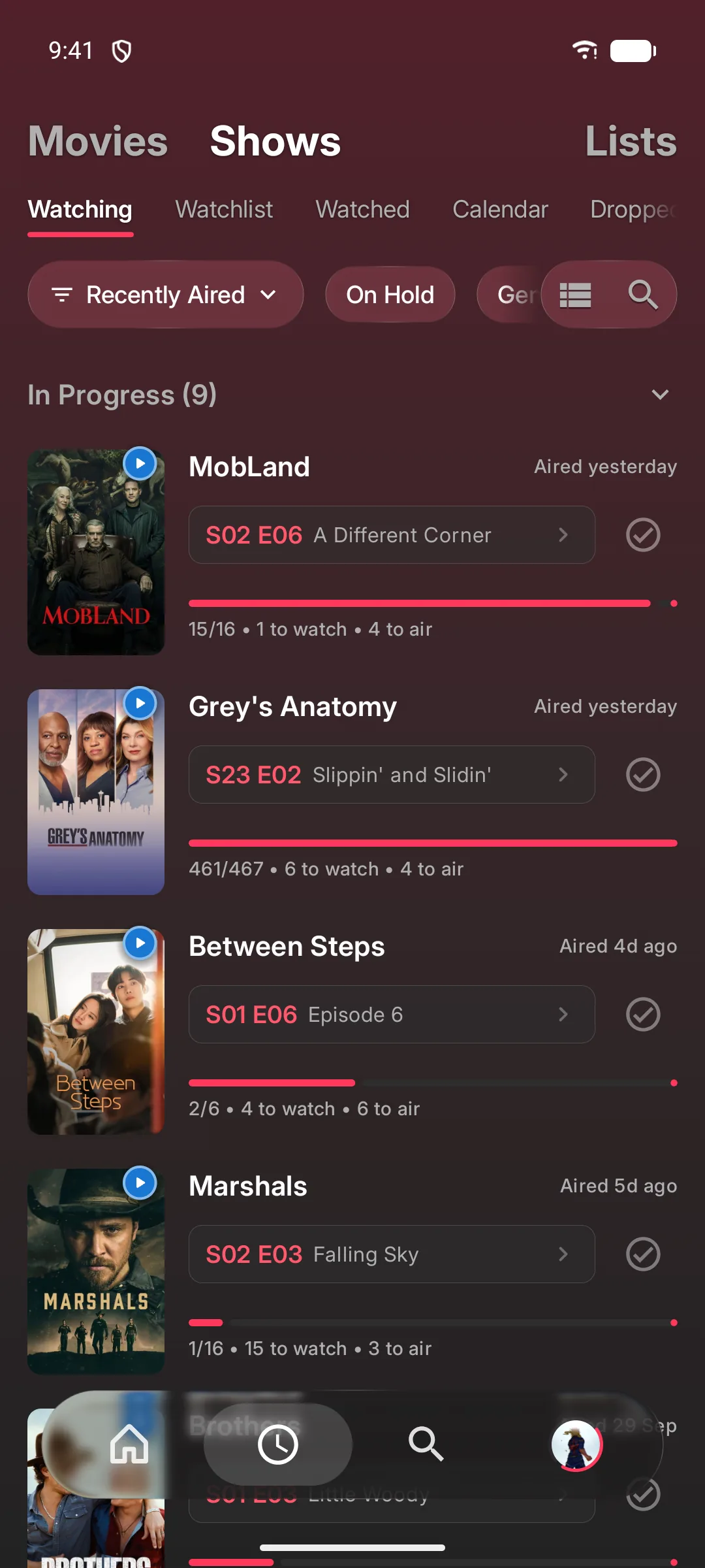 Cinopsys Shows tab with in-progress shows, their next episode and progress bars