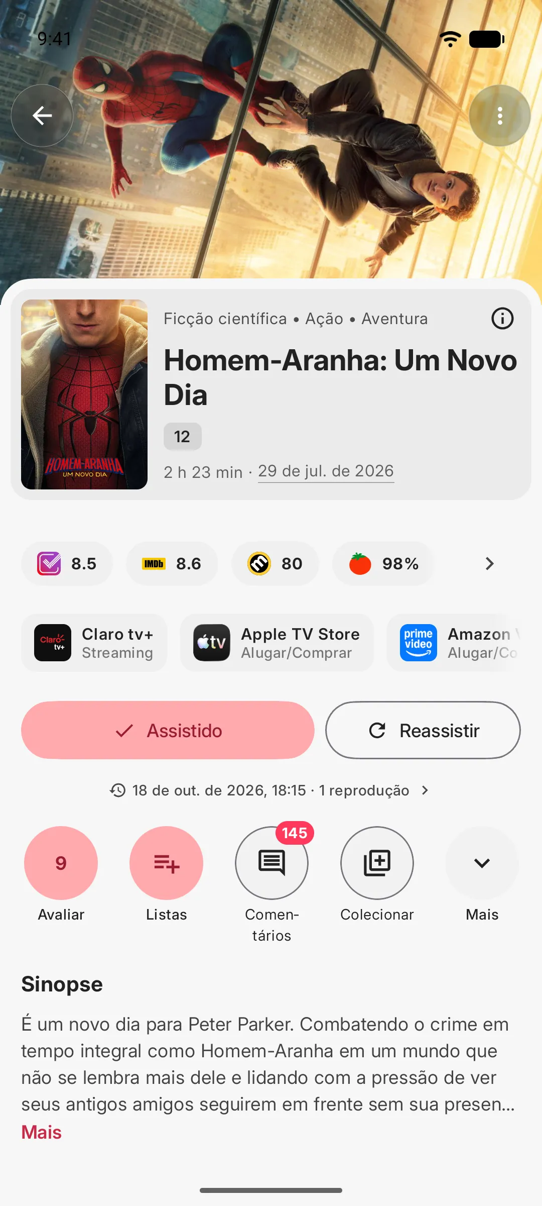 Página de detalhes de um filme com notas, serviços de streaming e ações