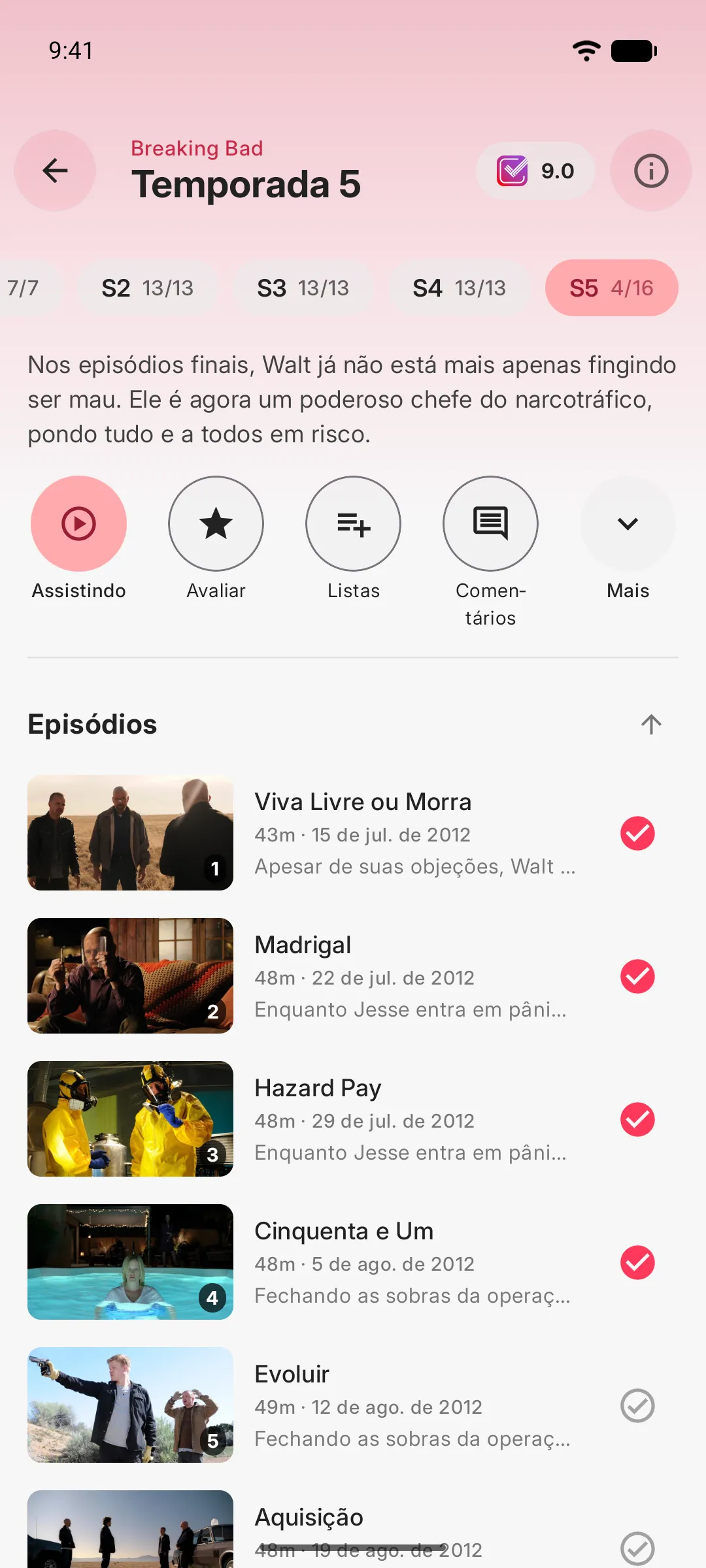 Lista de episódios de uma temporada com marcações de assistido