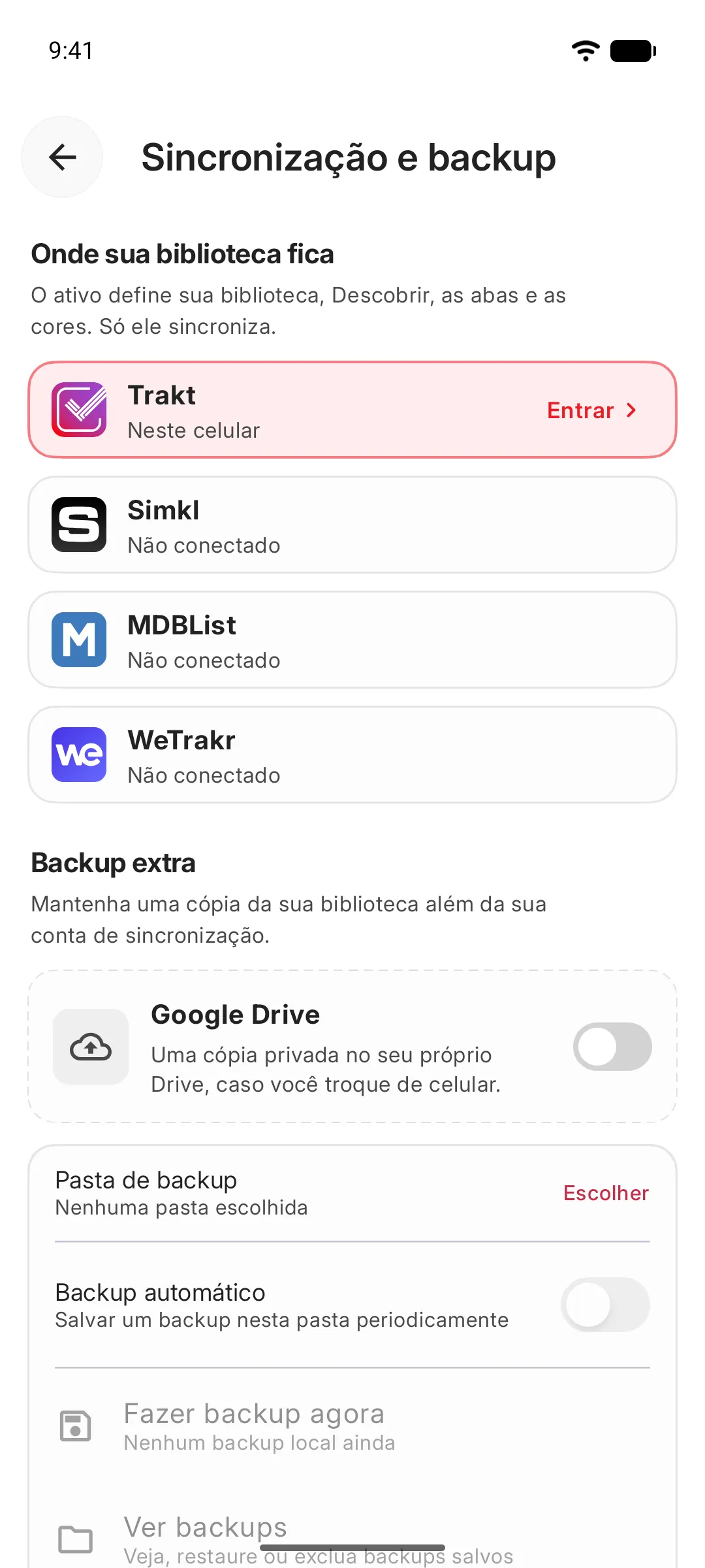 Configurações de sincronização e backup com a escolha entre este celular, Trakt, Simkl, MDBList ou WeTrakr