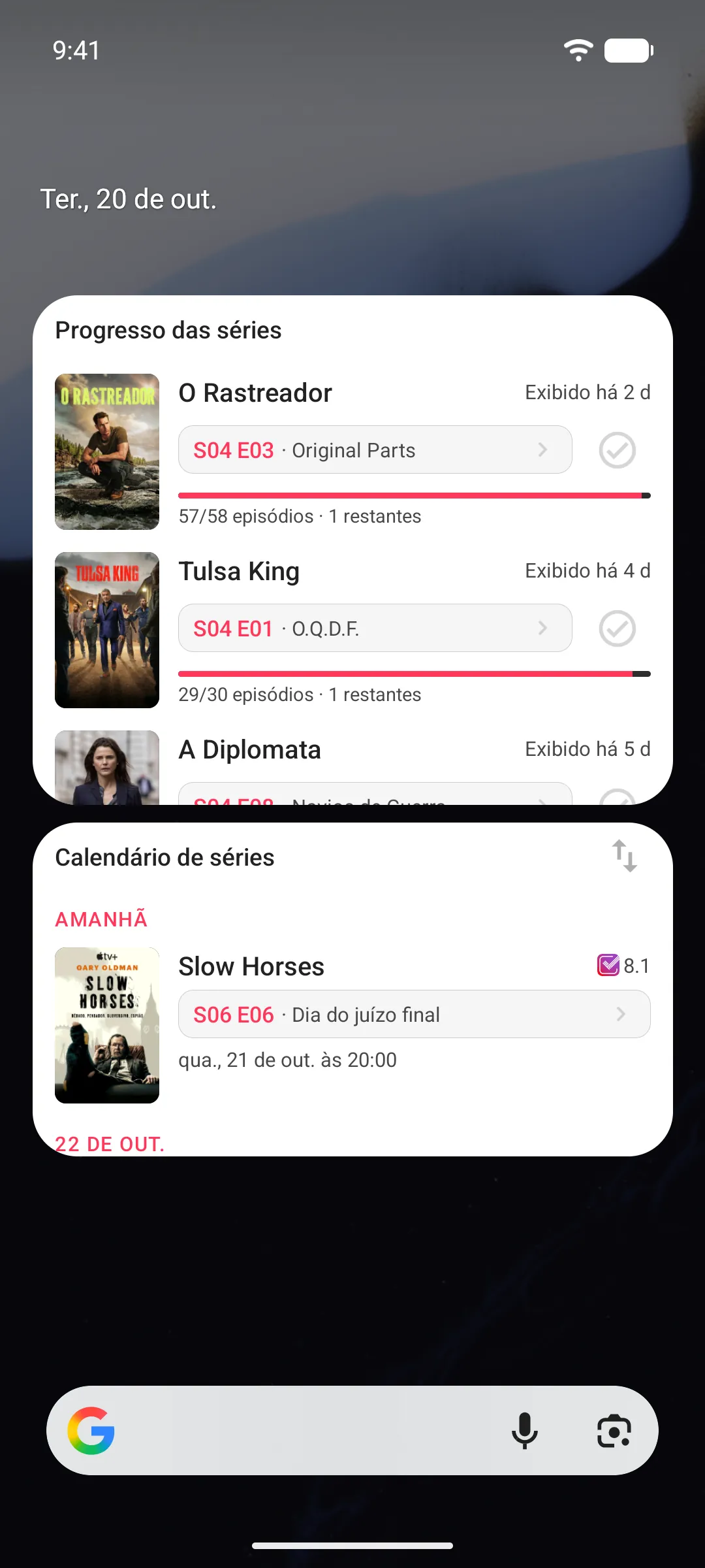 Widgets de progresso e calendário das séries na tela inicial