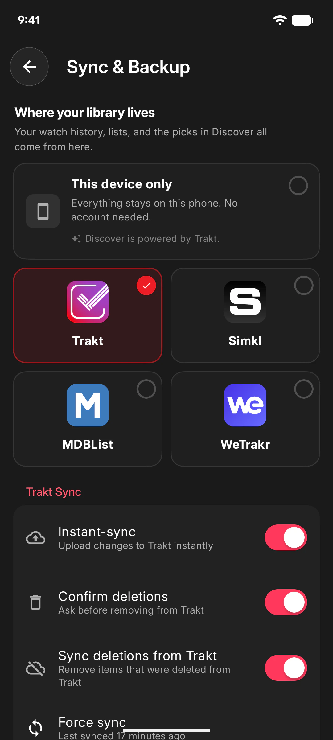 Sync and Backup settings with a choice of this device, Trakt, Simkl, MDBList or WeTrakr