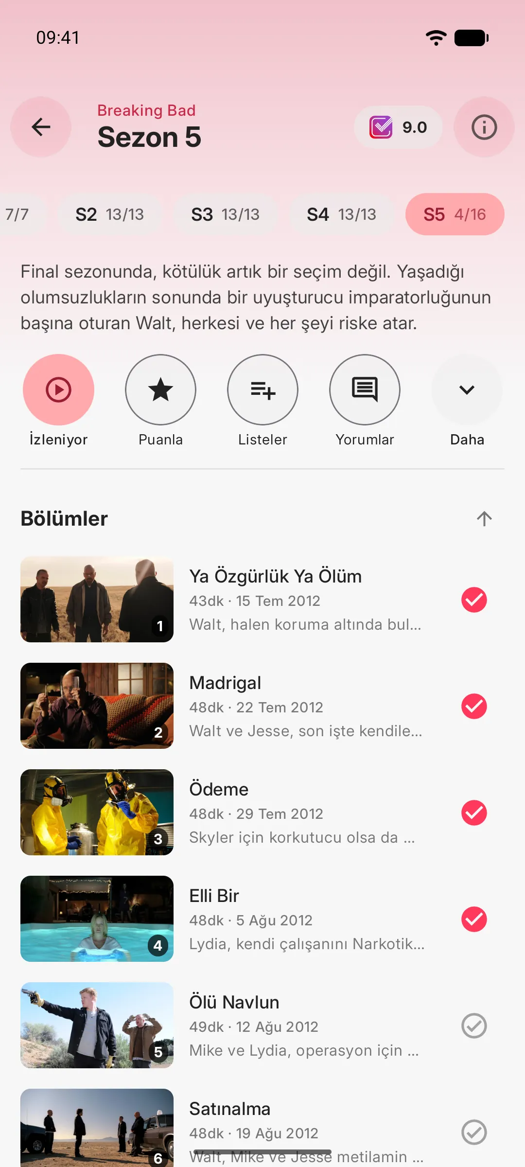 Bir sezonun bölüm listesi ve izlendi işaretleri