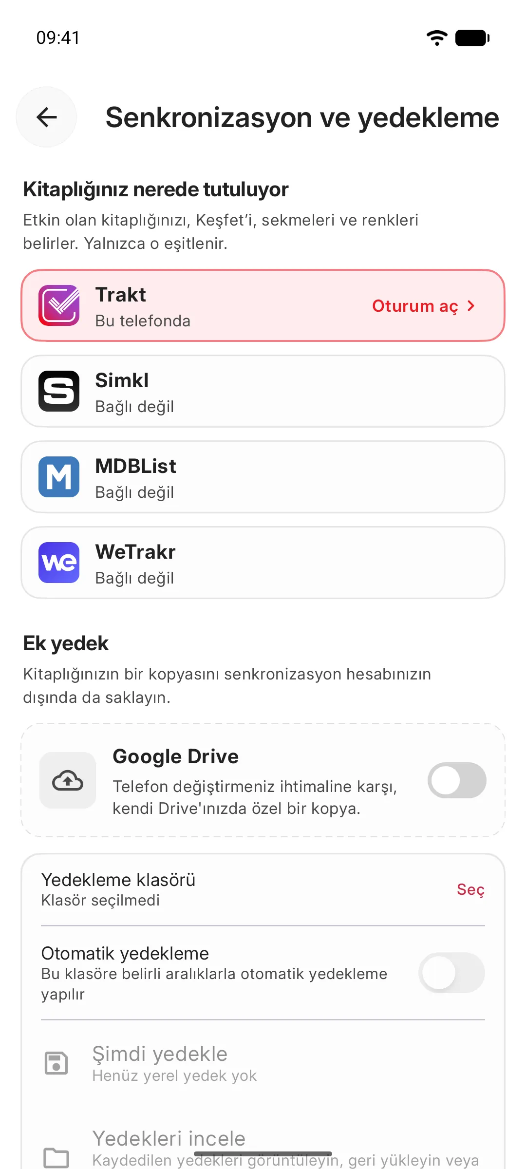 Bu cihaz, Trakt, Simkl, MDBList veya WeTrakr seçeneklerini sunan Senkronizasyon ve yedekleme ayarları