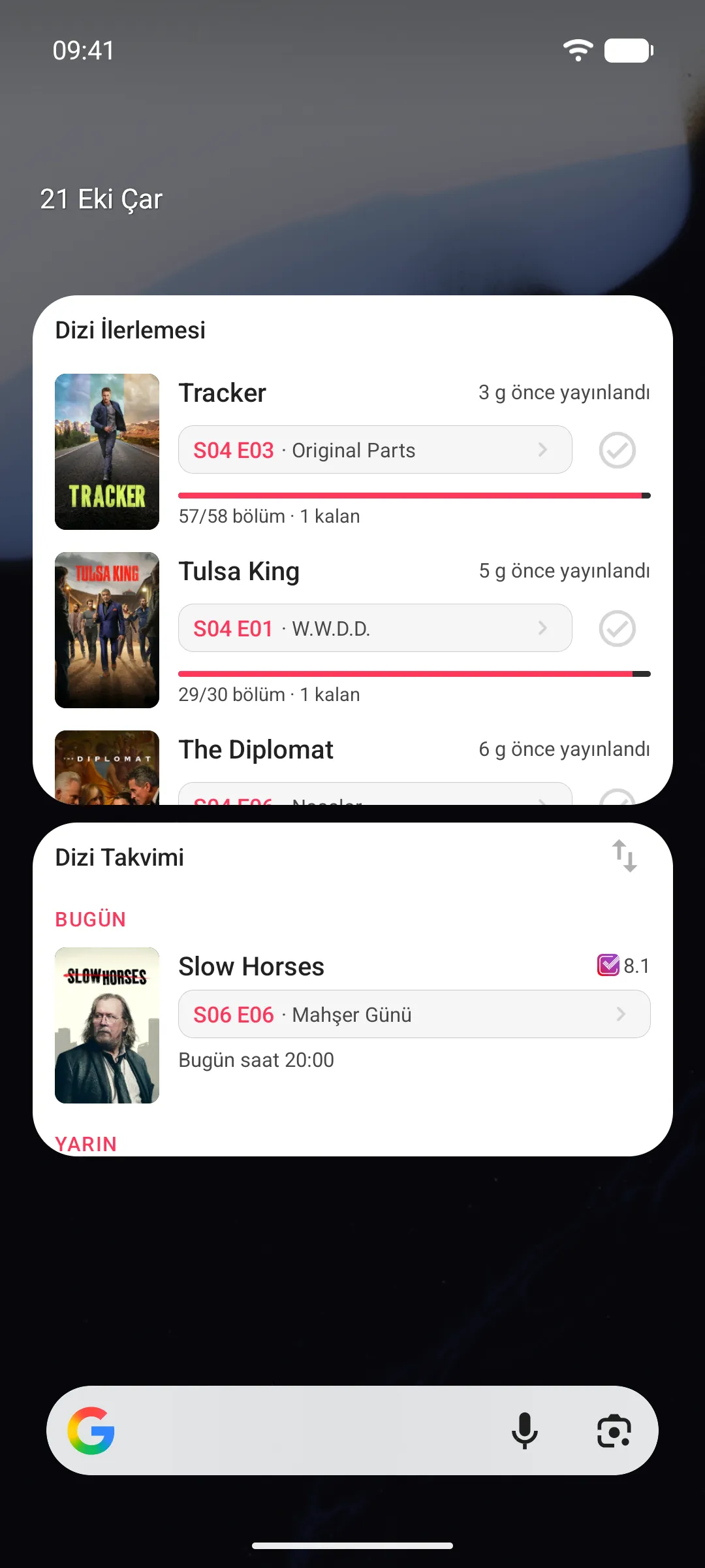 Ana ekranda dizi ilerlemesi ve dizi takvimi widget'ları